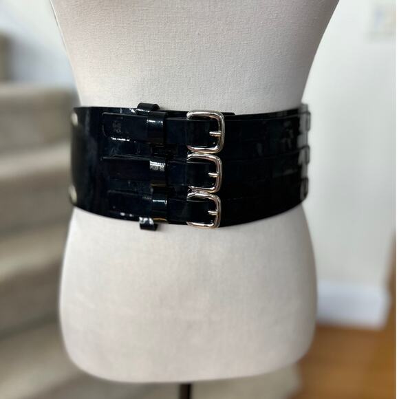 Vintage 90s Black Patent Leather Three Multi Buckle Corset Waist Belt